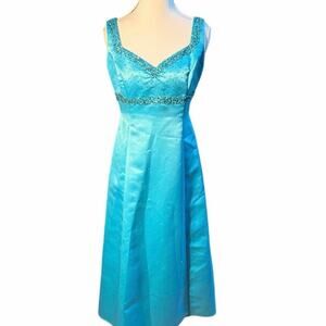 Vintage DELARU Y2K Turquoise Empire A-Line Sweetheart Satin Midi Formal Dress